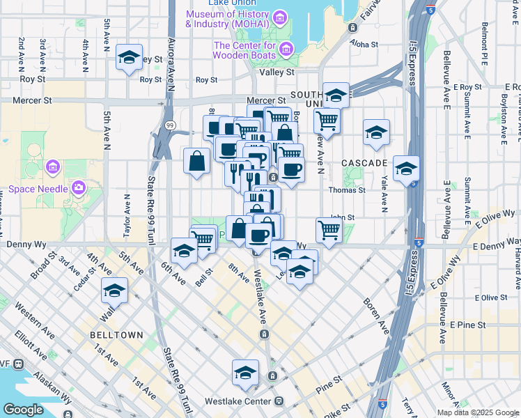 map of restaurants, bars, coffee shops, grocery stores, and more near 202 Westlake Avenue North in Seattle