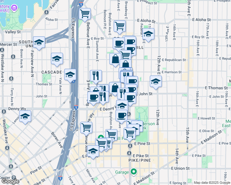 map of restaurants, bars, coffee shops, grocery stores, and more near 219 Boylston Avenue in Seattle