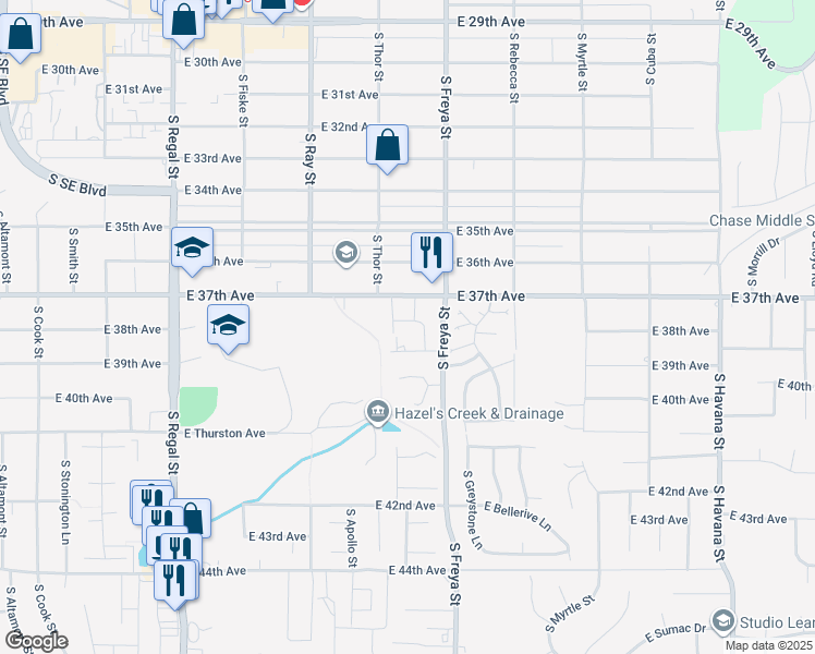map of restaurants, bars, coffee shops, grocery stores, and more near 3710 South Alder Circle in Spokane