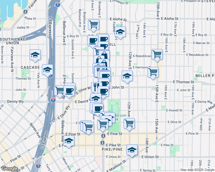 map of restaurants, bars, coffee shops, grocery stores, and more near 916 East John Street in Seattle
