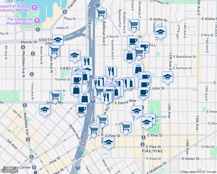 map of restaurants, bars, coffee shops, grocery stores, and more near 239 Bellevue Avenue East in Seattle