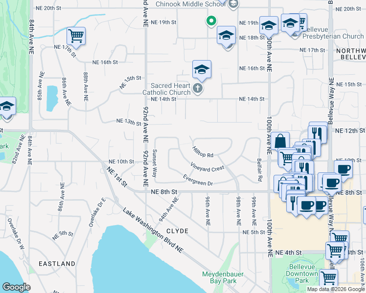 map of restaurants, bars, coffee shops, grocery stores, and more near 9400 Vineyard Crest in Bellevue