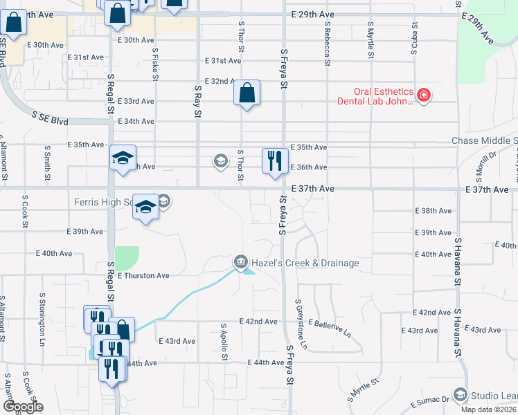 map of restaurants, bars, coffee shops, grocery stores, and more near 3710 South Alder Circle in Spokane
