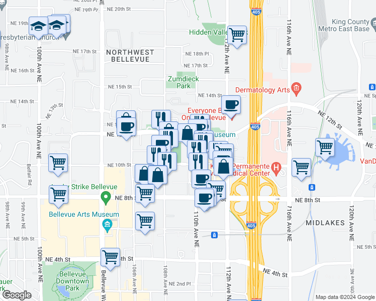 map of restaurants, bars, coffee shops, grocery stores, and more near 1111 110th Avenue Northeast in Bellevue