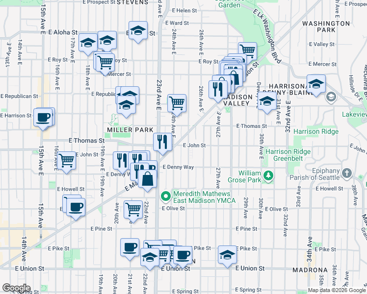 map of restaurants, bars, coffee shops, grocery stores, and more near 202 24th Avenue East in Seattle