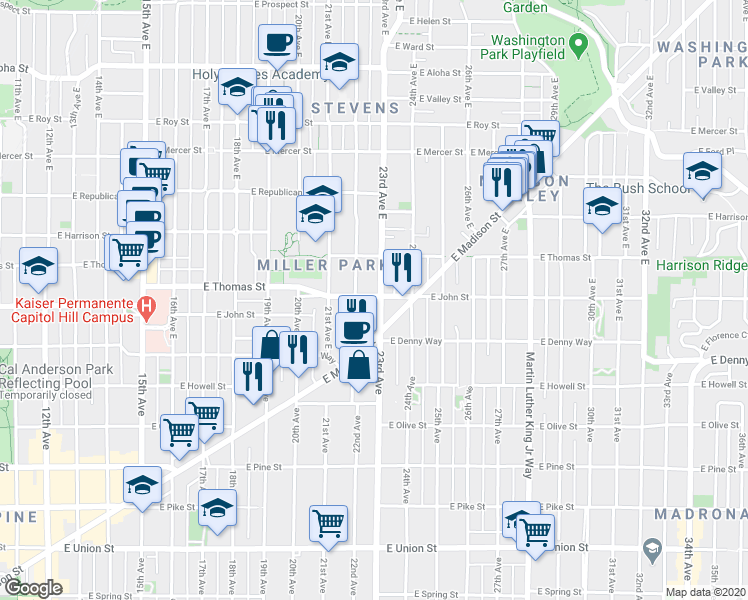 map of restaurants, bars, coffee shops, grocery stores, and more near in Seattle