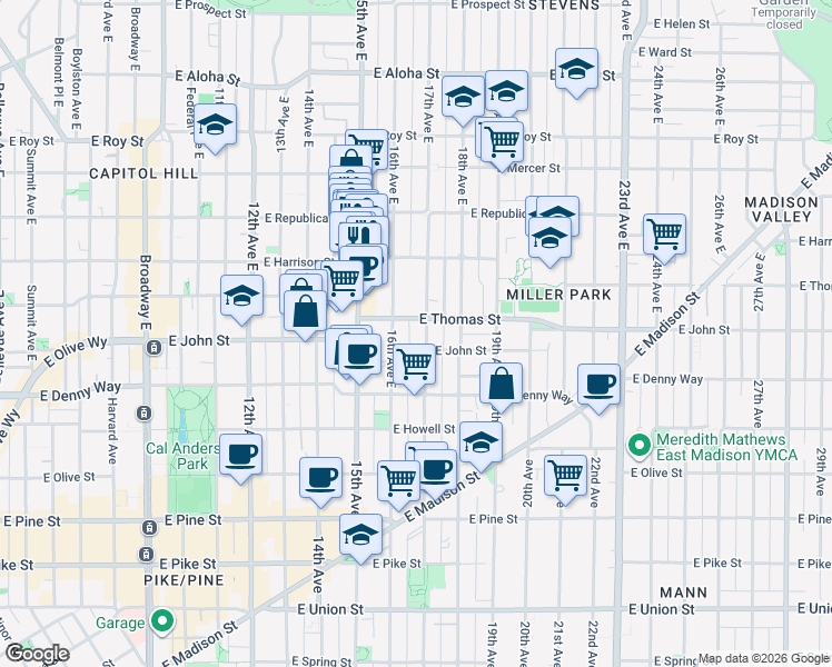 map of restaurants, bars, coffee shops, grocery stores, and more near 223 17th Avenue East in Seattle