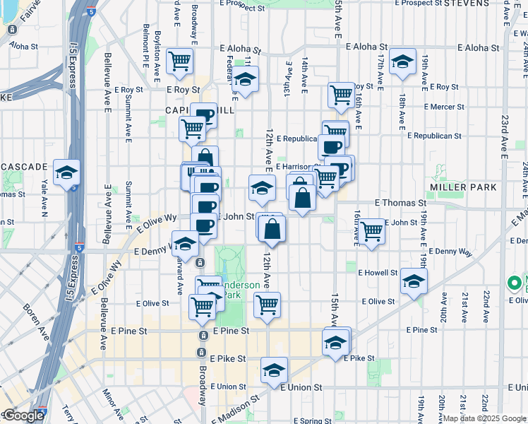 map of restaurants, bars, coffee shops, grocery stores, and more near 215 12th Avenue East in Seattle