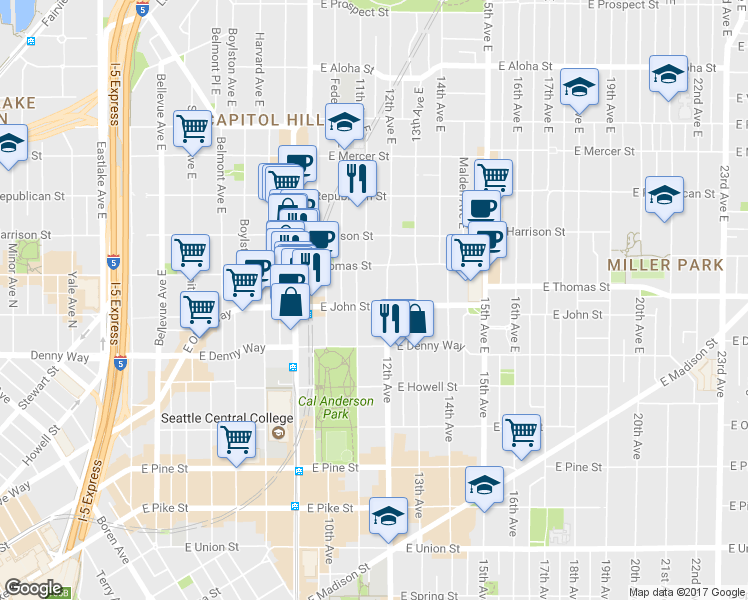 map of restaurants, bars, coffee shops, grocery stores, and more near 215 12th Avenue East in Seattle