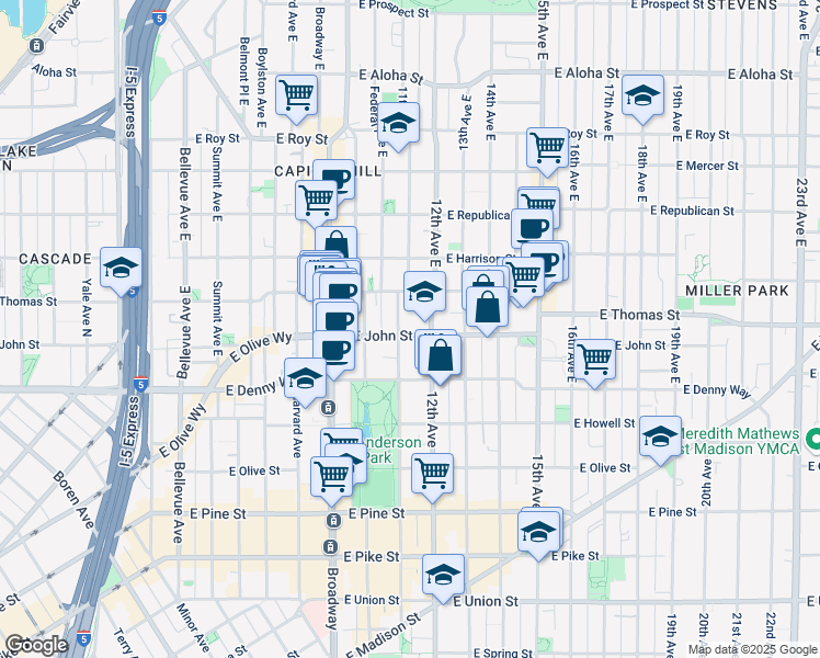 map of restaurants, bars, coffee shops, grocery stores, and more near 215 12th Avenue East in Seattle