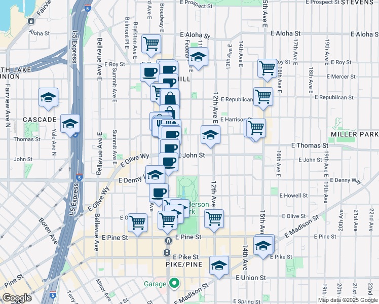 map of restaurants, bars, coffee shops, grocery stores, and more near in Seattle