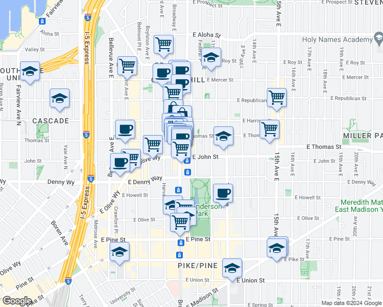 map of restaurants, bars, coffee shops, grocery stores, and more near 200 Broadway East in Seattle