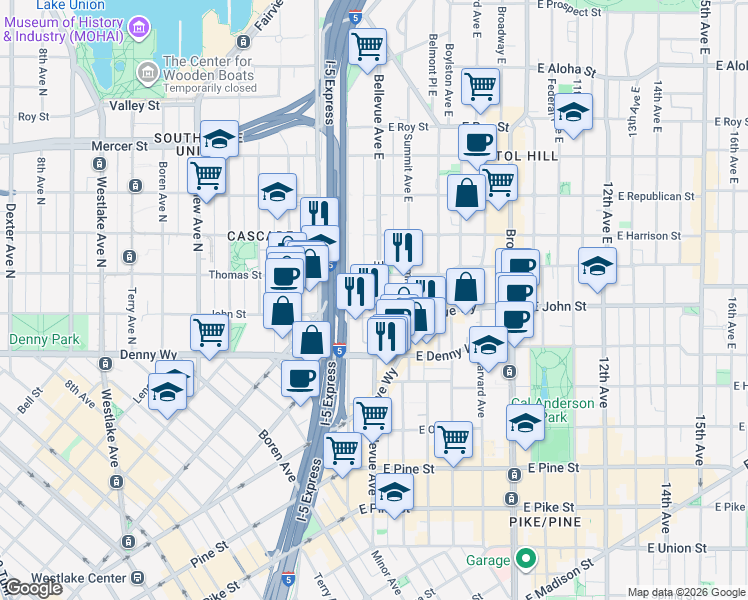 map of restaurants, bars, coffee shops, grocery stores, and more near 239 Bellevue Avenue East in Seattle