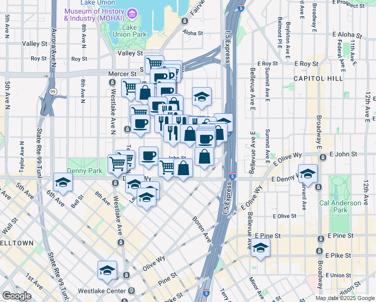map of restaurants, bars, coffee shops, grocery stores, and more near in Seattle
