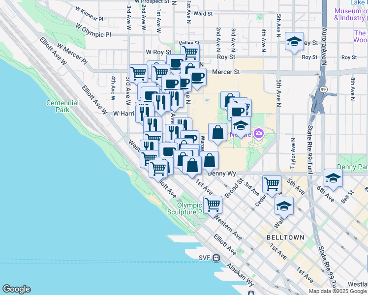 map of restaurants, bars, coffee shops, grocery stores, and more near 227 Queen Anne Avenue North in Seattle