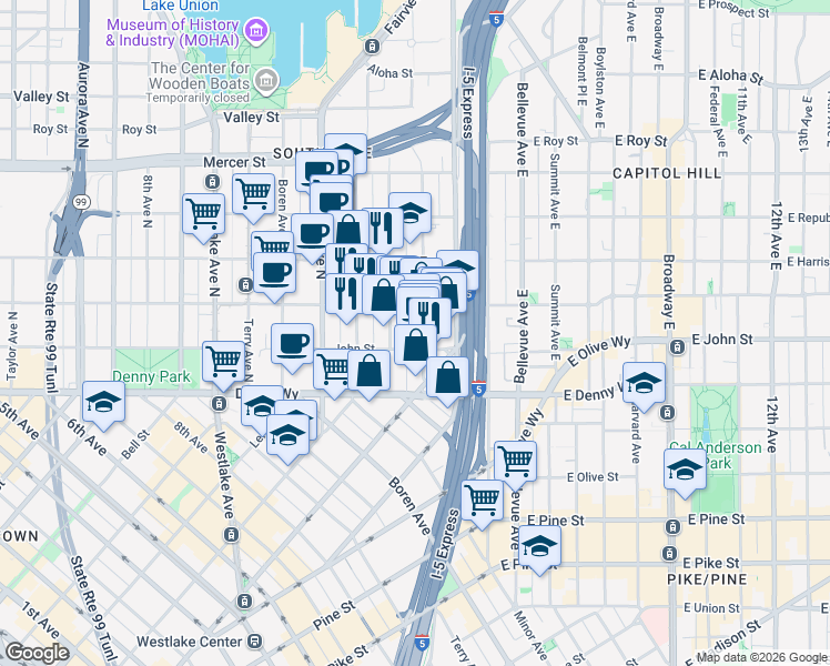 map of restaurants, bars, coffee shops, grocery stores, and more near 223 Yale Avenue North in Seattle