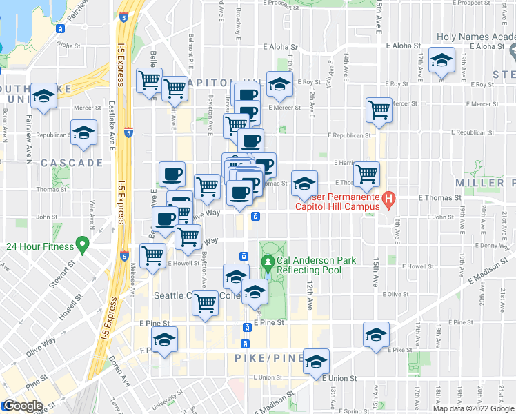 map of restaurants, bars, coffee shops, grocery stores, and more near in Seattle