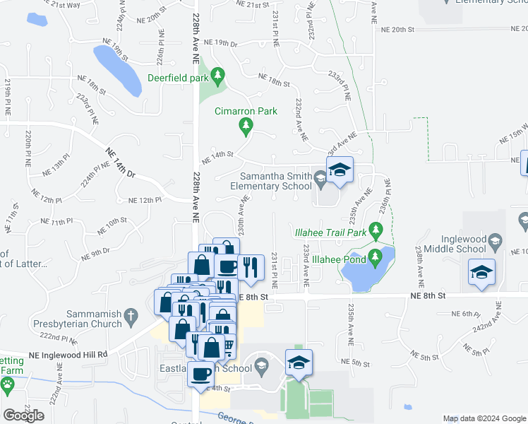 map of restaurants, bars, coffee shops, grocery stores, and more near 1121 231st Place Northeast in Sammamish
