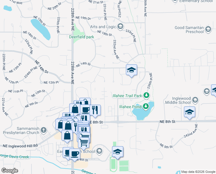 map of restaurants, bars, coffee shops, grocery stores, and more near 1301 232nd Place Northeast in Sammamish