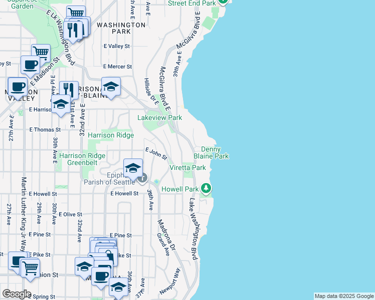 map of restaurants, bars, coffee shops, grocery stores, and more near 203 Lake Washington Boulevard East in Seattle
