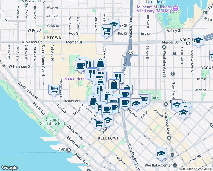 map of restaurants, bars, coffee shops, grocery stores, and more near 218 5th Avenue North in Seattle