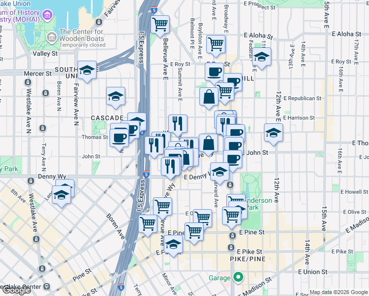 map of restaurants, bars, coffee shops, grocery stores, and more near 214 Summit Avenue East in Seattle