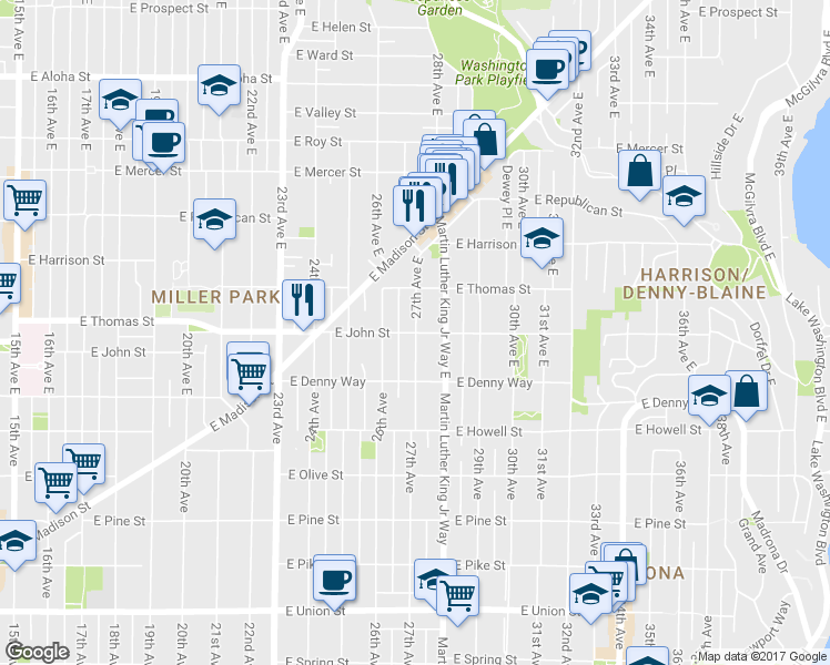 map of restaurants, bars, coffee shops, grocery stores, and more near E John St & 27th Ave E in Seattle