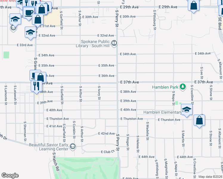 map of restaurants, bars, coffee shops, grocery stores, and more near 1228 East 37th Avenue in Spokane