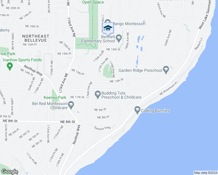 map of restaurants, bars, coffee shops, grocery stores, and more near 17816 Northeast 12th Street in Bellevue