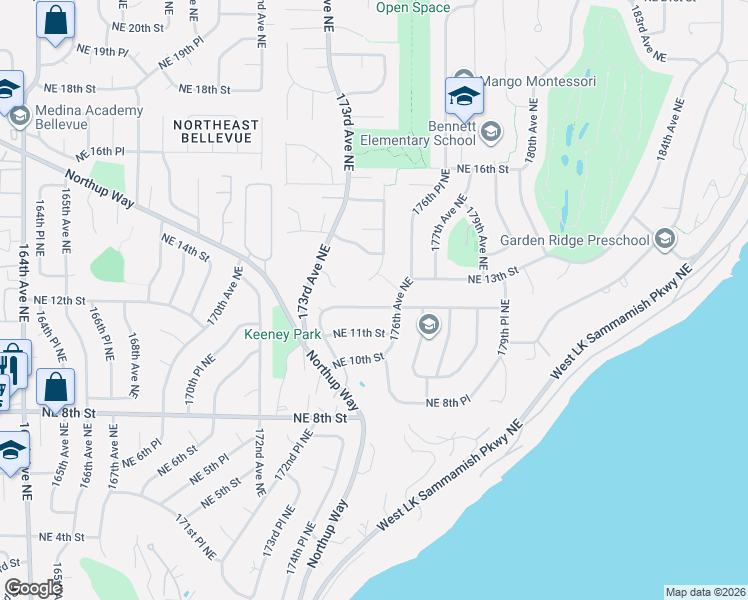 map of restaurants, bars, coffee shops, grocery stores, and more near 17452 Northeast 12th Street in Bellevue