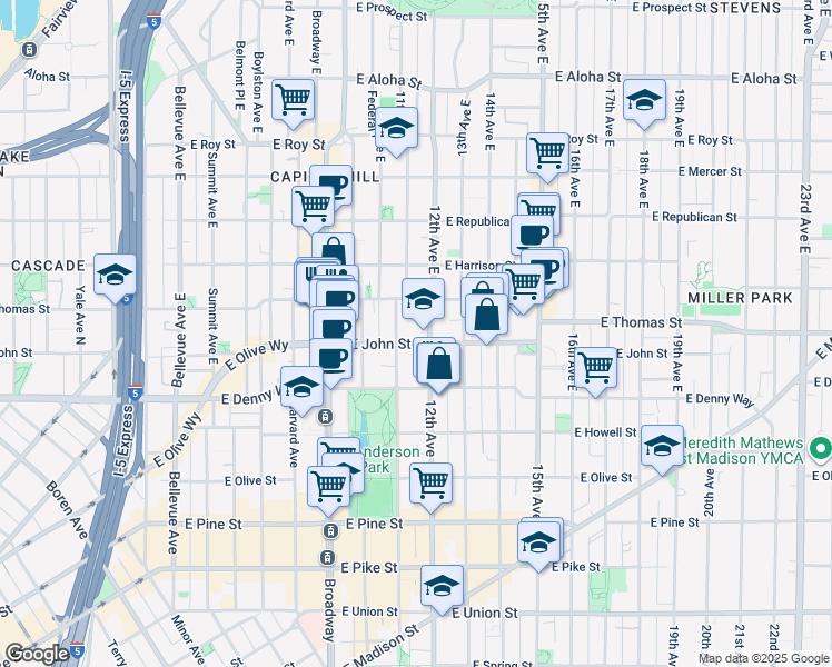map of restaurants, bars, coffee shops, grocery stores, and more near 215 12th Avenue East in Seattle