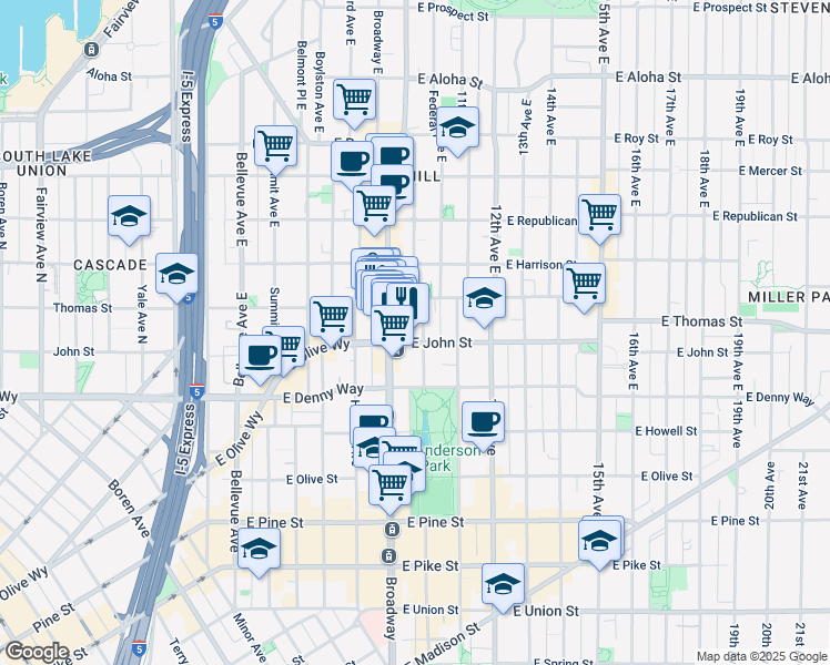 map of restaurants, bars, coffee shops, grocery stores, and more near 200 Broadway East in Seattle