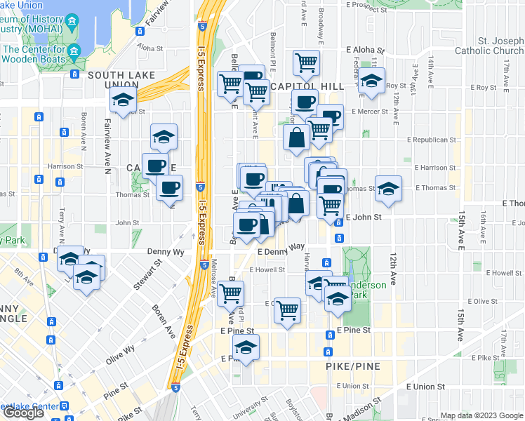 map of restaurants, bars, coffee shops, grocery stores, and more near 226 Summit Avenue East in Seattle