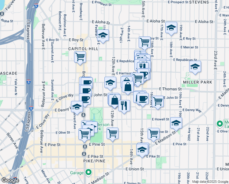 map of restaurants, bars, coffee shops, grocery stores, and more near 215 13th Avenue East in Seattle