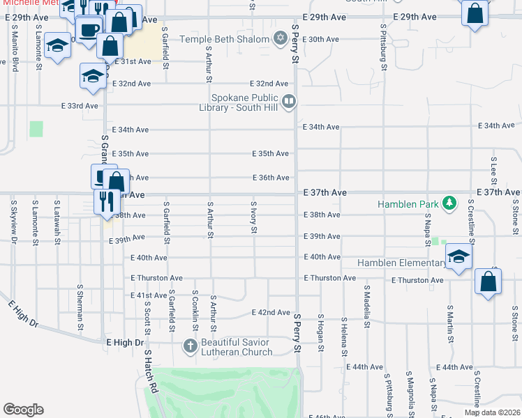 map of restaurants, bars, coffee shops, grocery stores, and more near 1228 East 37th Avenue in Spokane