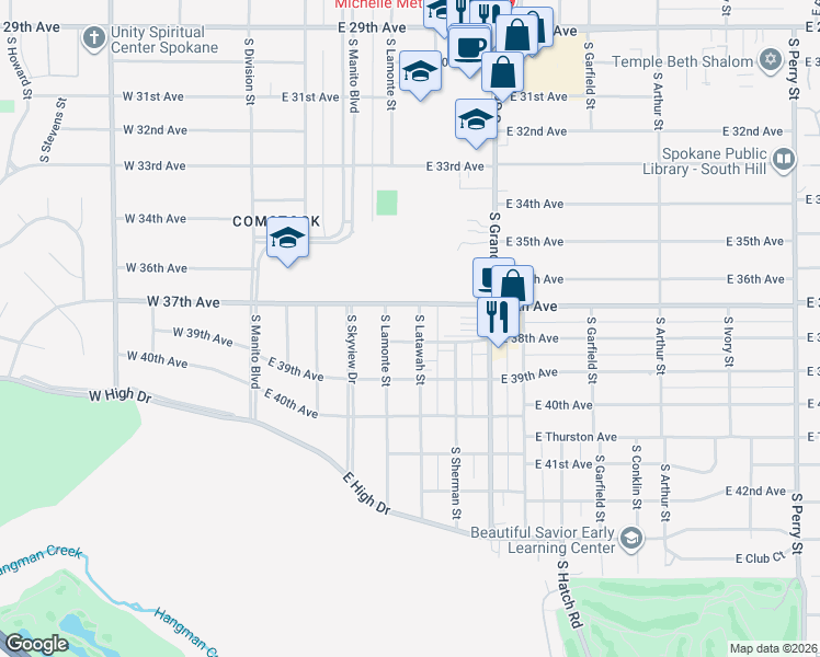 map of restaurants, bars, coffee shops, grocery stores, and more near 3714 South Latawah Street in Spokane