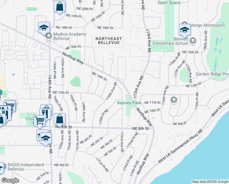 map of restaurants, bars, coffee shops, grocery stores, and more near 1221 172nd Avenue Northeast in Bellevue