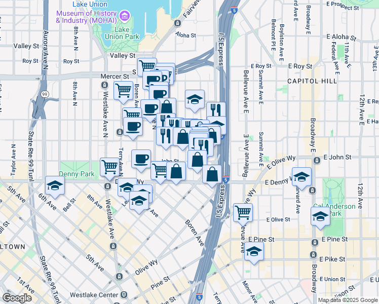 map of restaurants, bars, coffee shops, grocery stores, and more near 224 Pontius Avenue North in Seattle