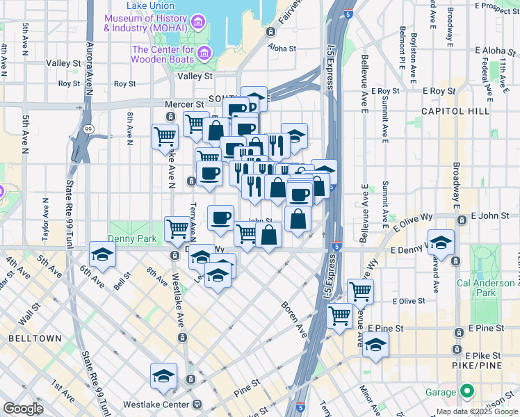 map of restaurants, bars, coffee shops, grocery stores, and more near 221 Minor Avenue North in Seattle