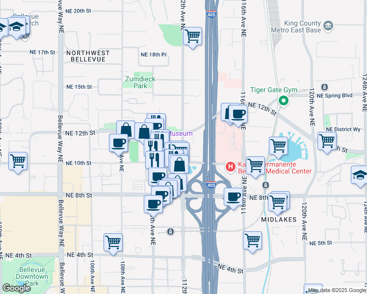 map of restaurants, bars, coffee shops, grocery stores, and more near 1110 112th Avenue Northeast in Bellevue