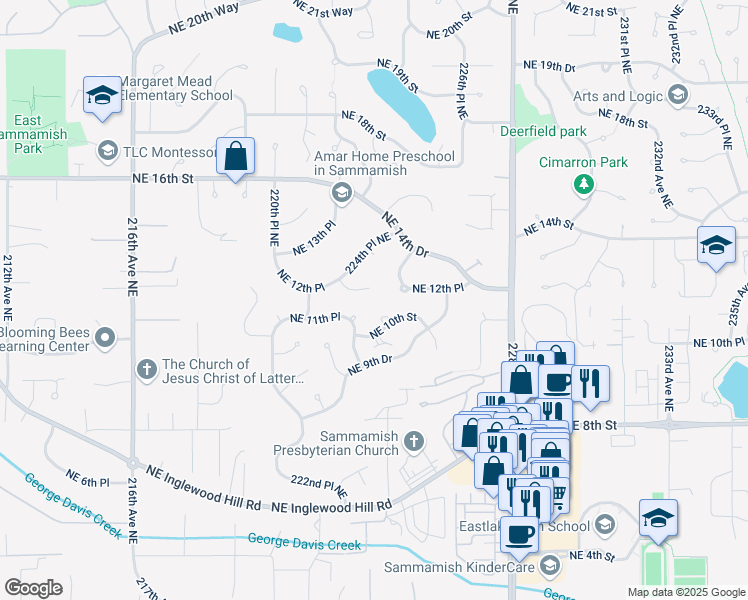 map of restaurants, bars, coffee shops, grocery stores, and more near 22433 Northeast 12th Court in Sammamish