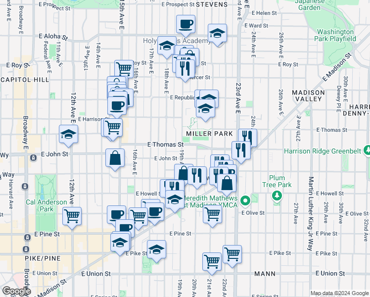 map of restaurants, bars, coffee shops, grocery stores, and more near 218 19th Avenue East in Seattle