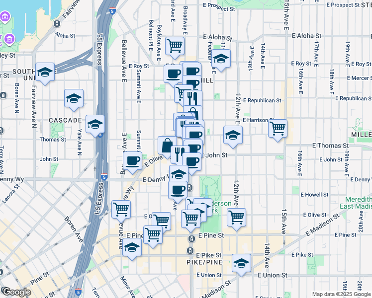 map of restaurants, bars, coffee shops, grocery stores, and more near 819 East Thomas Street in Seattle