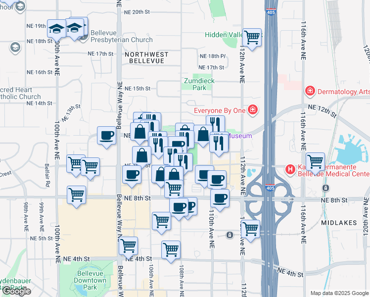 map of restaurants, bars, coffee shops, grocery stores, and more near 1106 108th Avenue Northeast in Bellevue