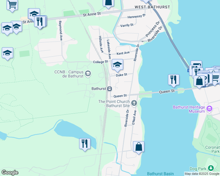 map of restaurants, bars, coffee shops, grocery stores, and more near Thornton Avenue in Bathurst