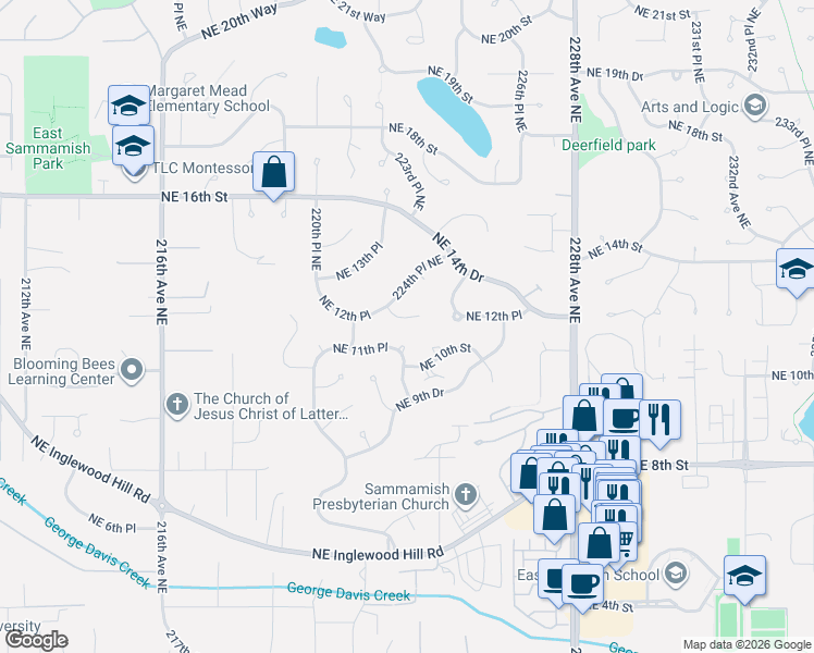 map of restaurants, bars, coffee shops, grocery stores, and more near 22433 Northeast 12th Court in Sammamish