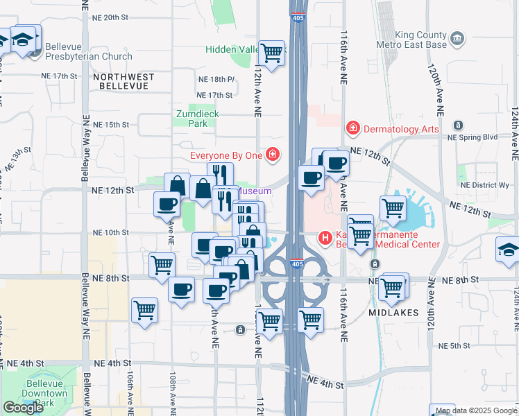 map of restaurants, bars, coffee shops, grocery stores, and more near 1197 112th Avenue Northeast in Bellevue