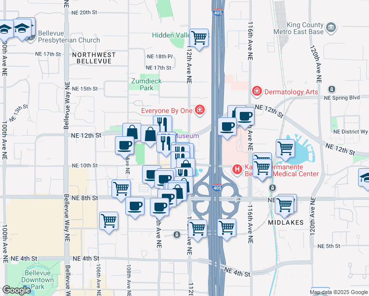 map of restaurants, bars, coffee shops, grocery stores, and more near 1197 112th Avenue Northeast in Bellevue