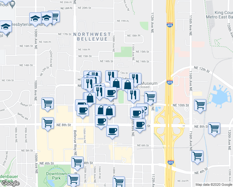 map of restaurants, bars, coffee shops, grocery stores, and more near 1126 108th Avenue Northeast in Bellevue