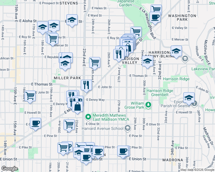 map of restaurants, bars, coffee shops, grocery stores, and more near 206 25th Avenue East in Seattle